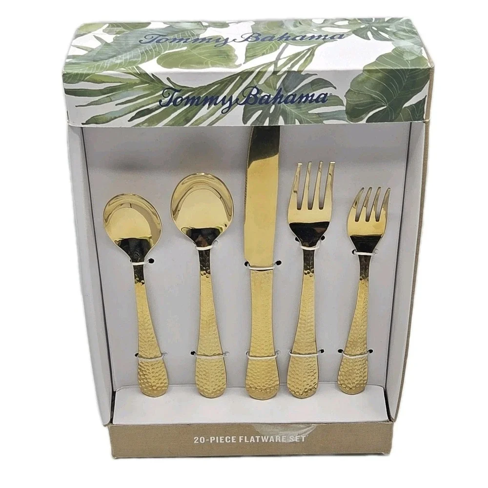 Tommy Bahama 20-Piece Hammered Gold‎ Stainless Steel Flatware Set Made in India